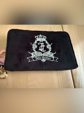 Juicy Couture Black Plush Zip Pouch with Embroidered Crest